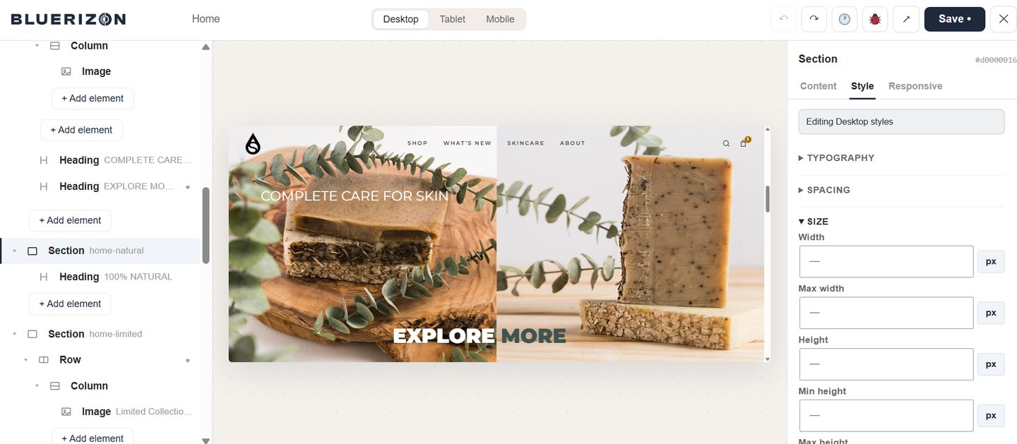 The Complete Care section open in the Bluerizon builder