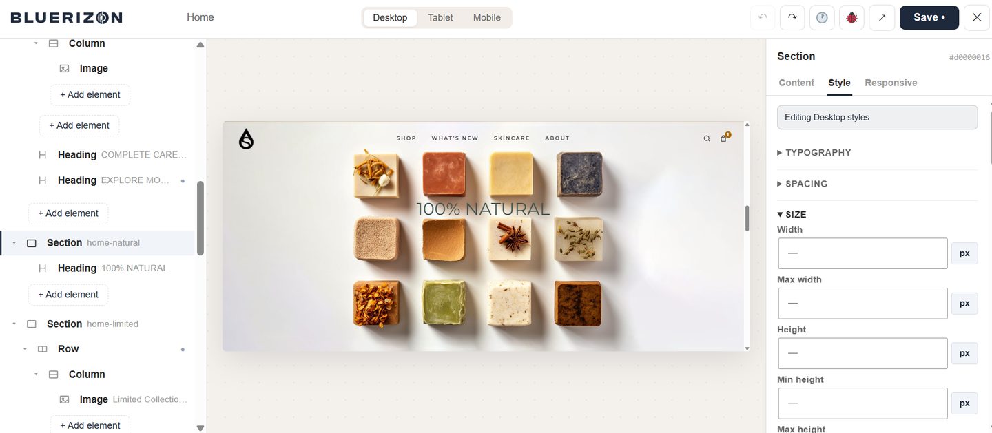 The 100% Natural section open in the Bluerizon builder